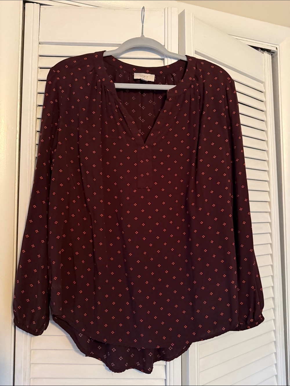 LOFT Burgundy Blouse with Tiny Pink Diamond Print